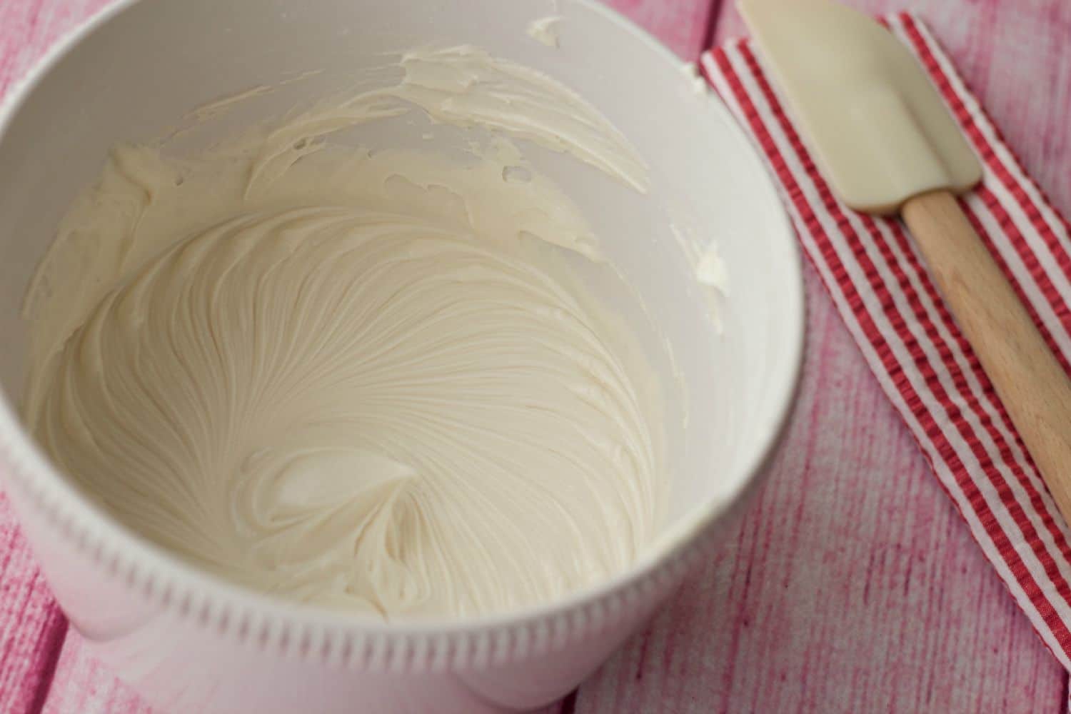 Vegan vanilla frosting in a mixing bowl. 