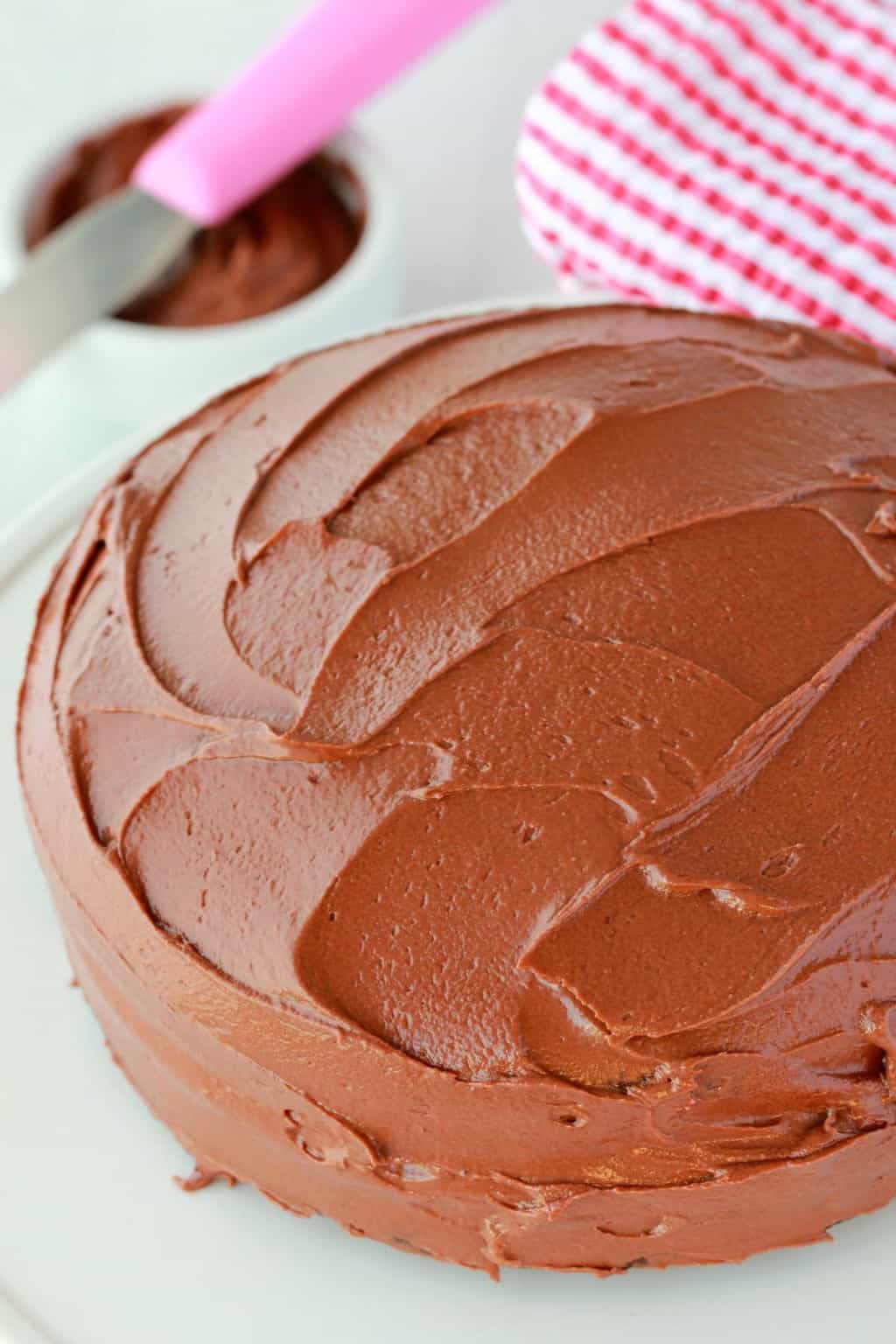 Vegan chocolate cake frosted with vegan chocolate frosting on a white cake stand. 