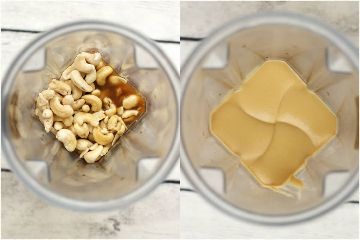 Cashews and other ingredients added to blender jug and blended.