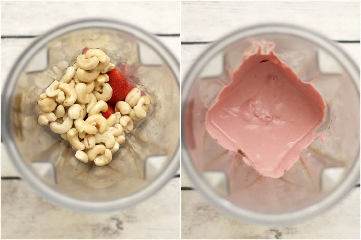 Cashews and strawberries added to blender jug and blended.