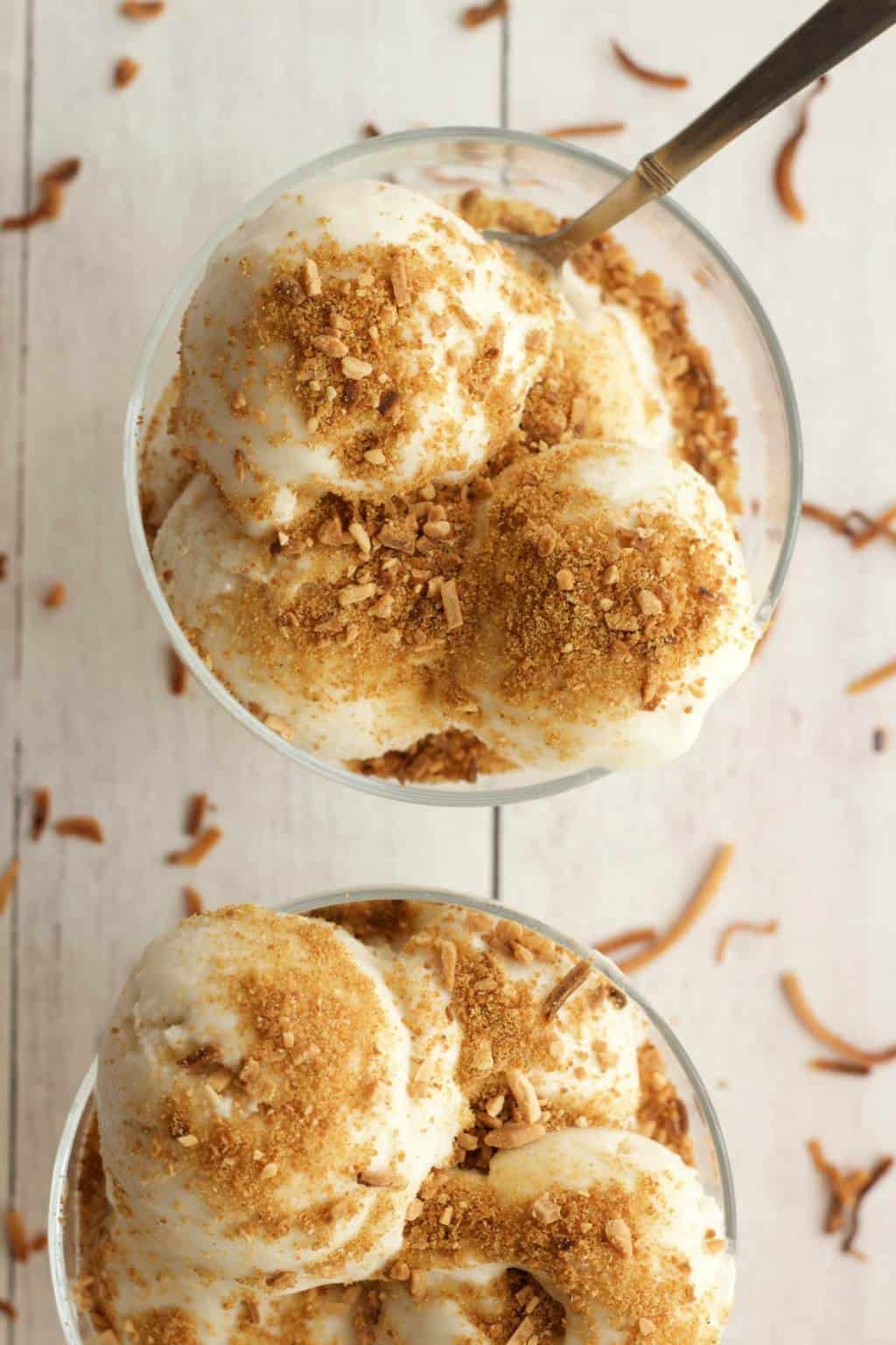 Vegan coconut ice cream topped with toasted coconut in glass bowls. 