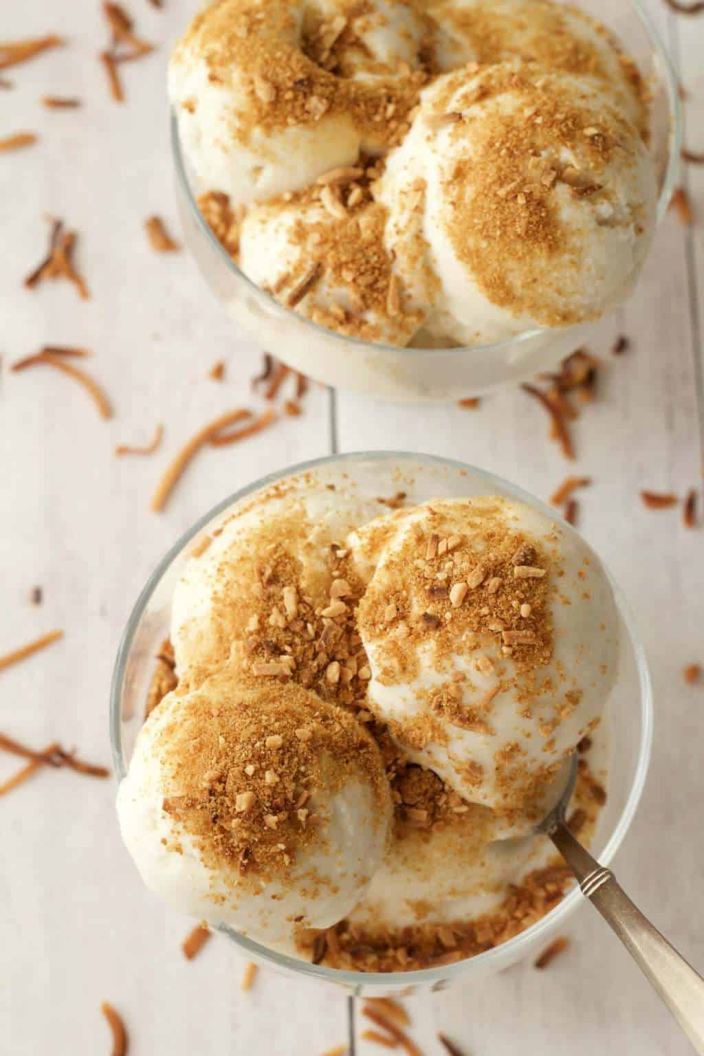Vegan coconut ice cream with toasted coconut topping in glass bowls. 