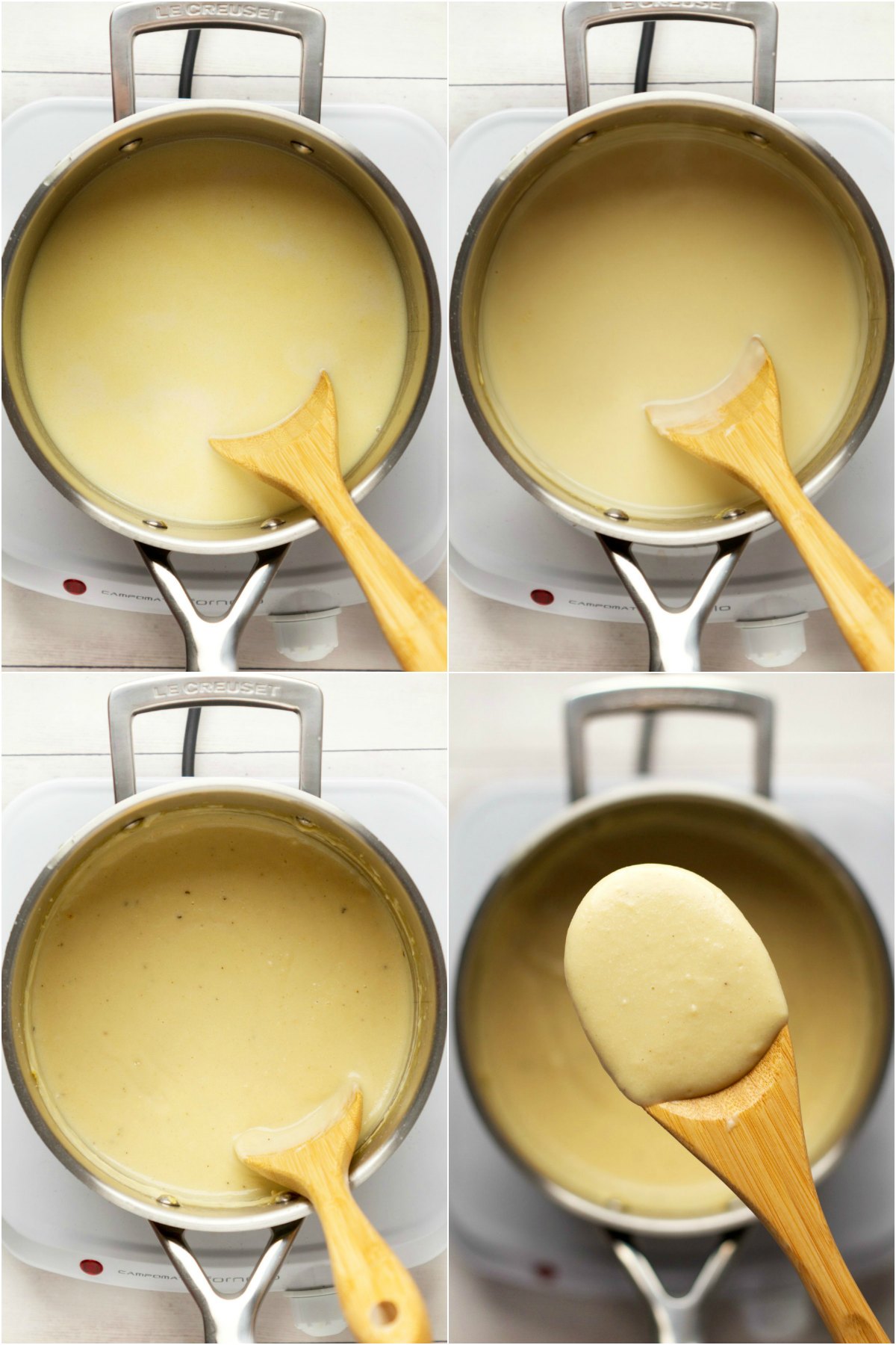 Step by step process photo collage of making vegan cheese sauce. 