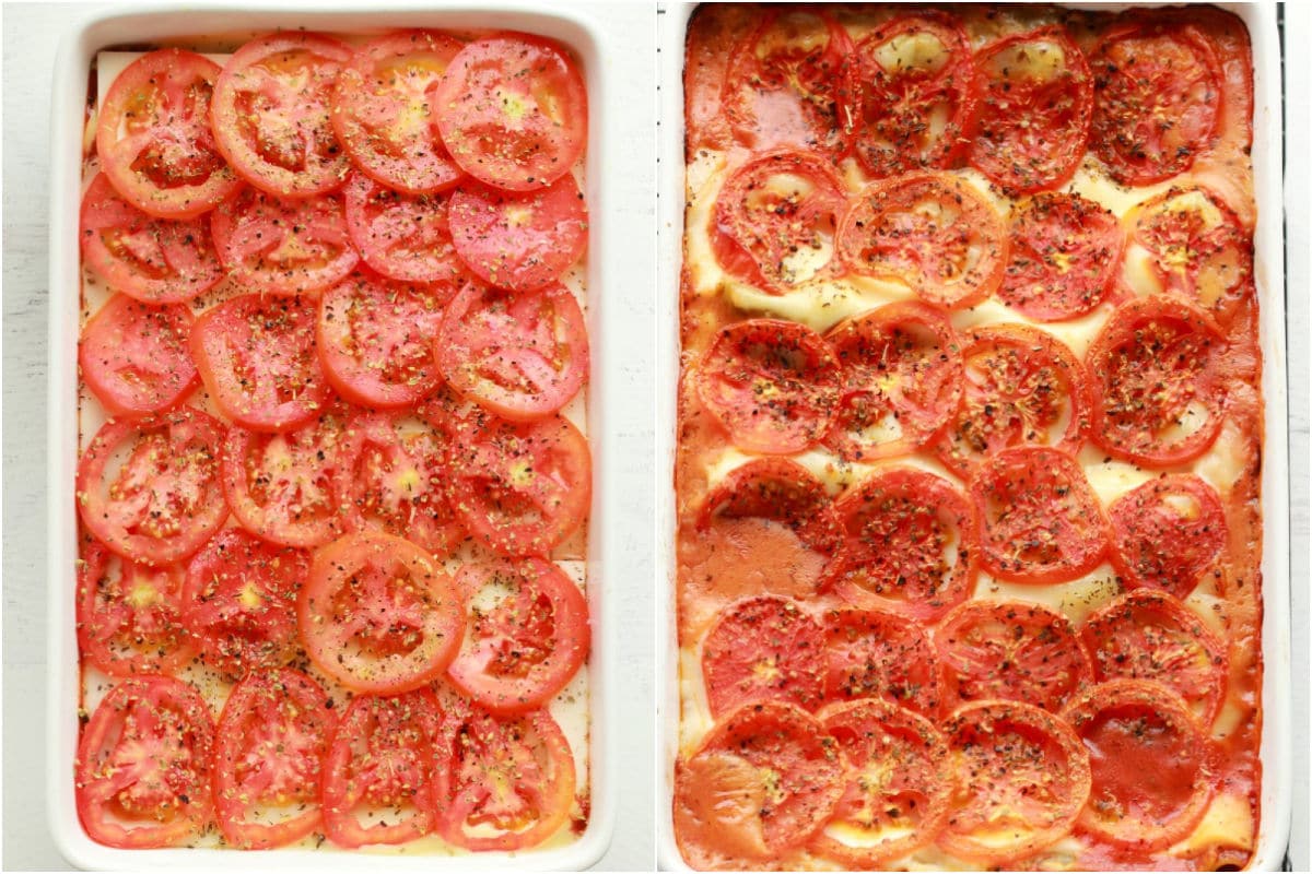 Layer of vegan cheese slices topped with layer of sliced tomato and baked.