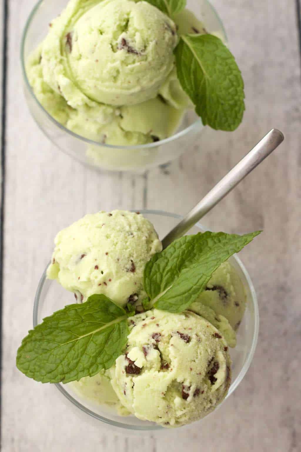 Vegan mint chocolate chip ice cream in a glass bowl. 