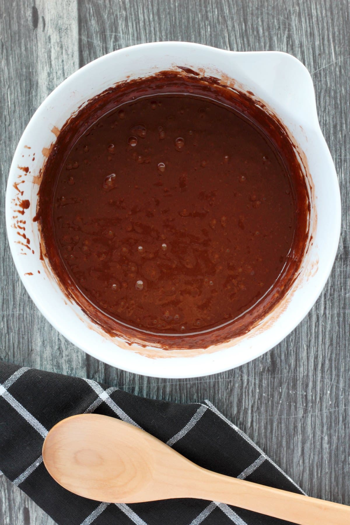 Chocolate cupcake batter in a mixing bowl. 