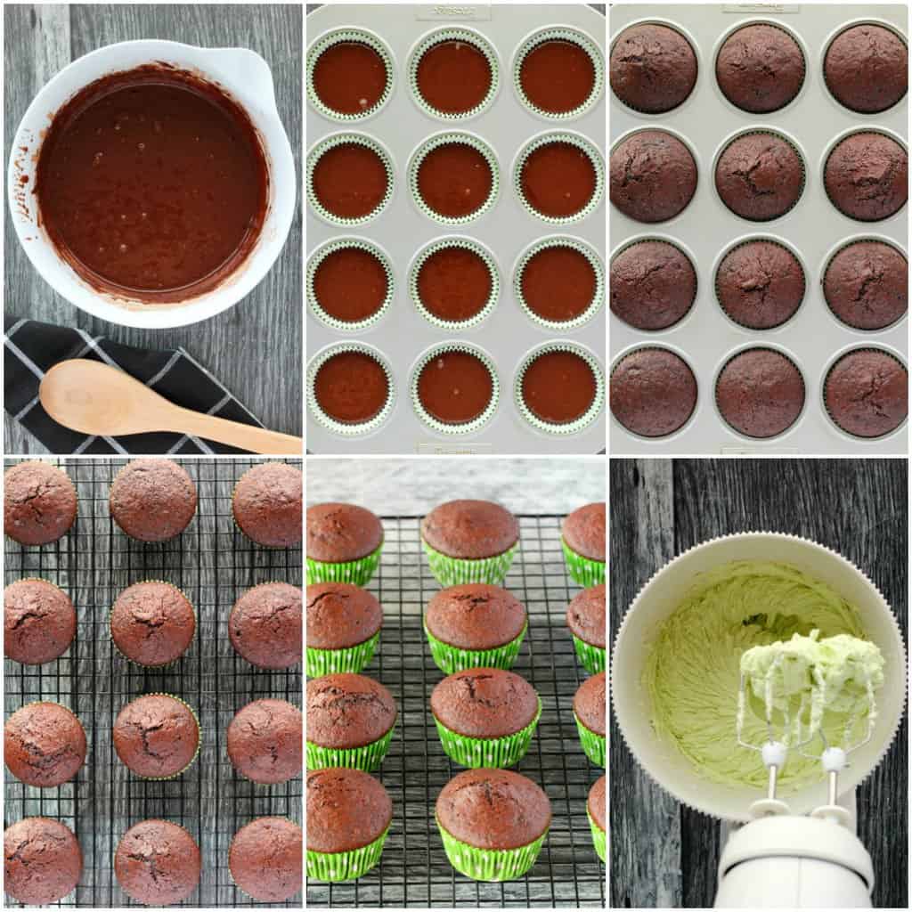 Step by step process photos of making vegan chocolate cupcakes with mint buttercream frosting. 