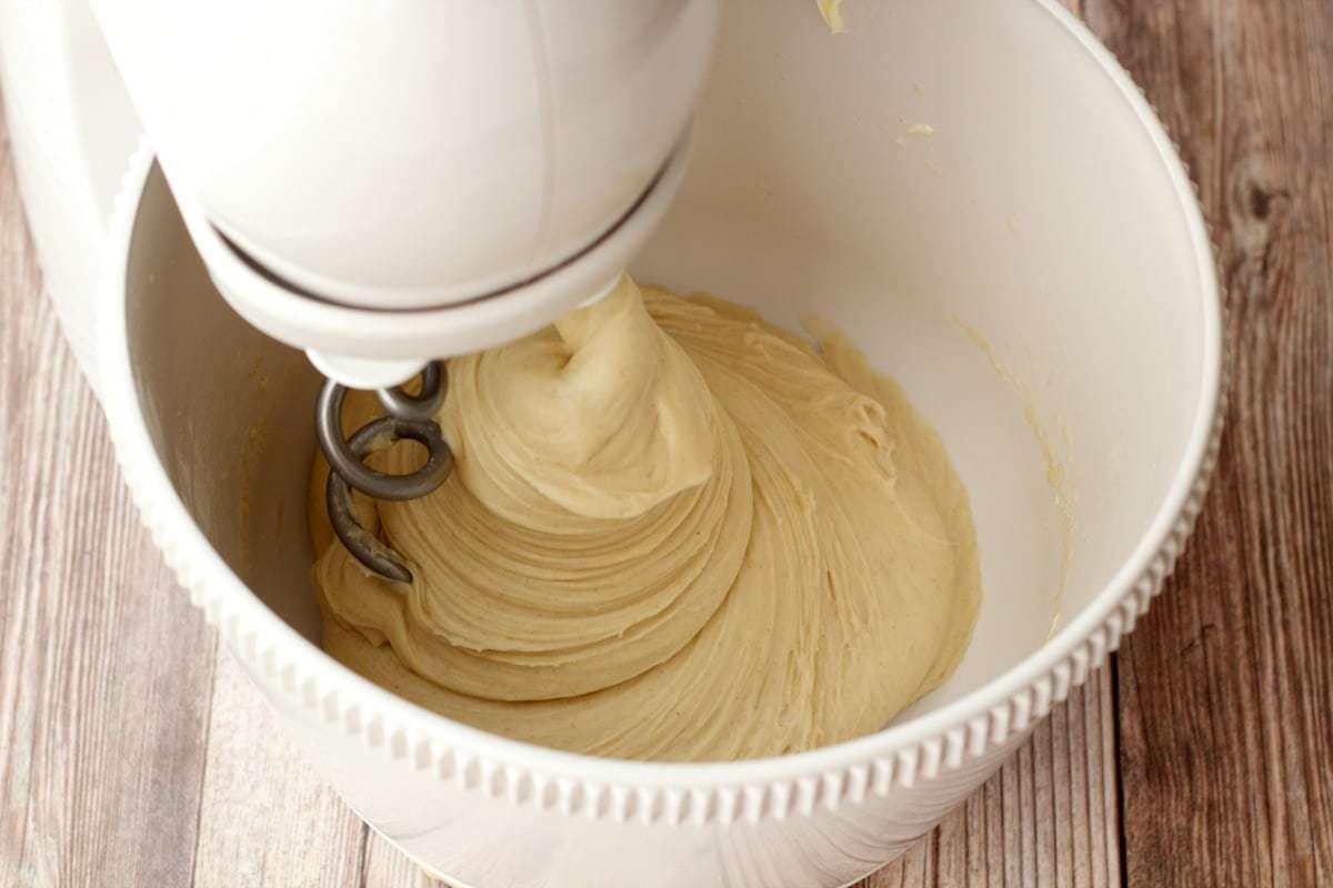 Mixing dough in a stand mixer with a dough hook. 
