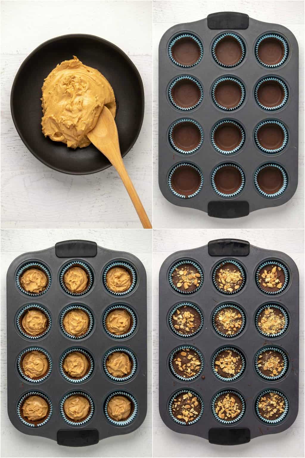 Step by step process photo collage of making vegan peanut butter cups. 
