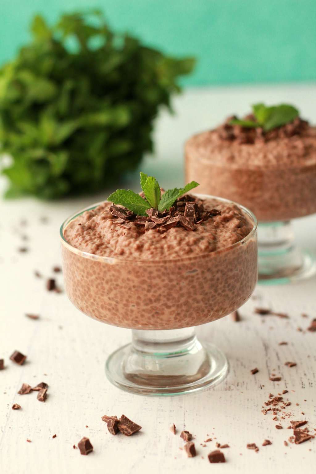 Chocolate chia pudding in a glass dish, topped with chocolate pieces and fresh mint leaves. 