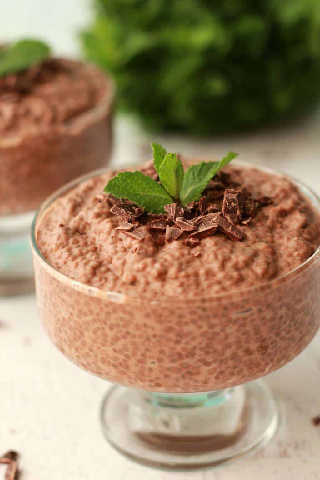 Chocolate chia pudding in a glass bowl, topped with chocolate pieces and fresh mint leaves. 
