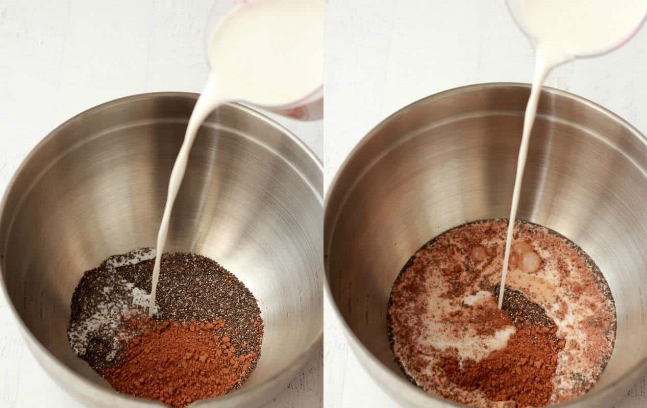 Step by step photos of making chocolate chia pudding. 