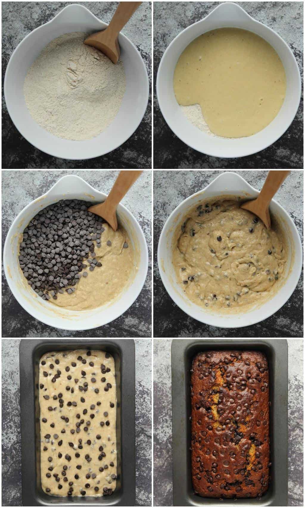  Collage de photos Étape par étape de fabrication de pain aux bananes aux pépites de chocolat végétalien.