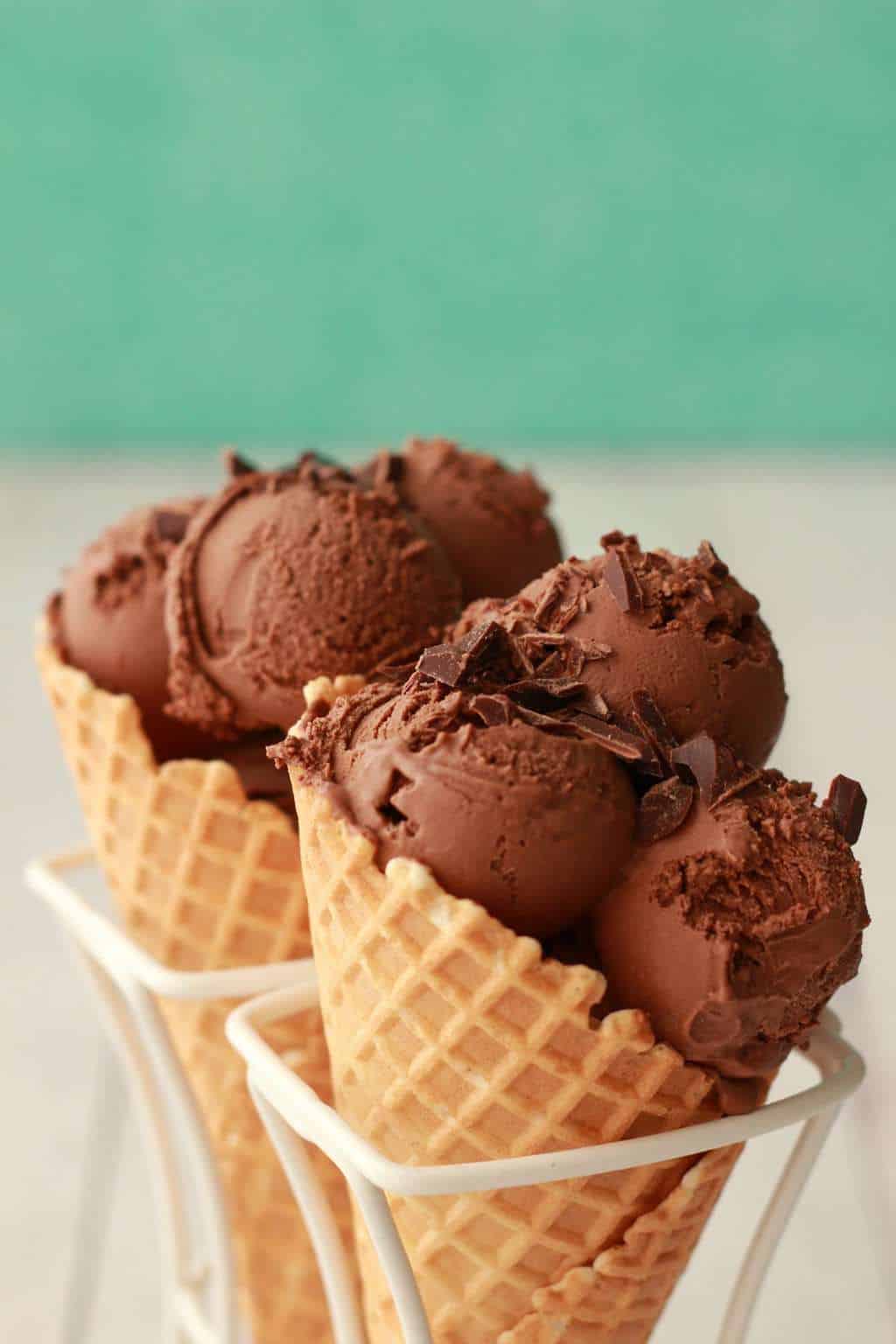 Chocolate ice cream in sugar cones. 