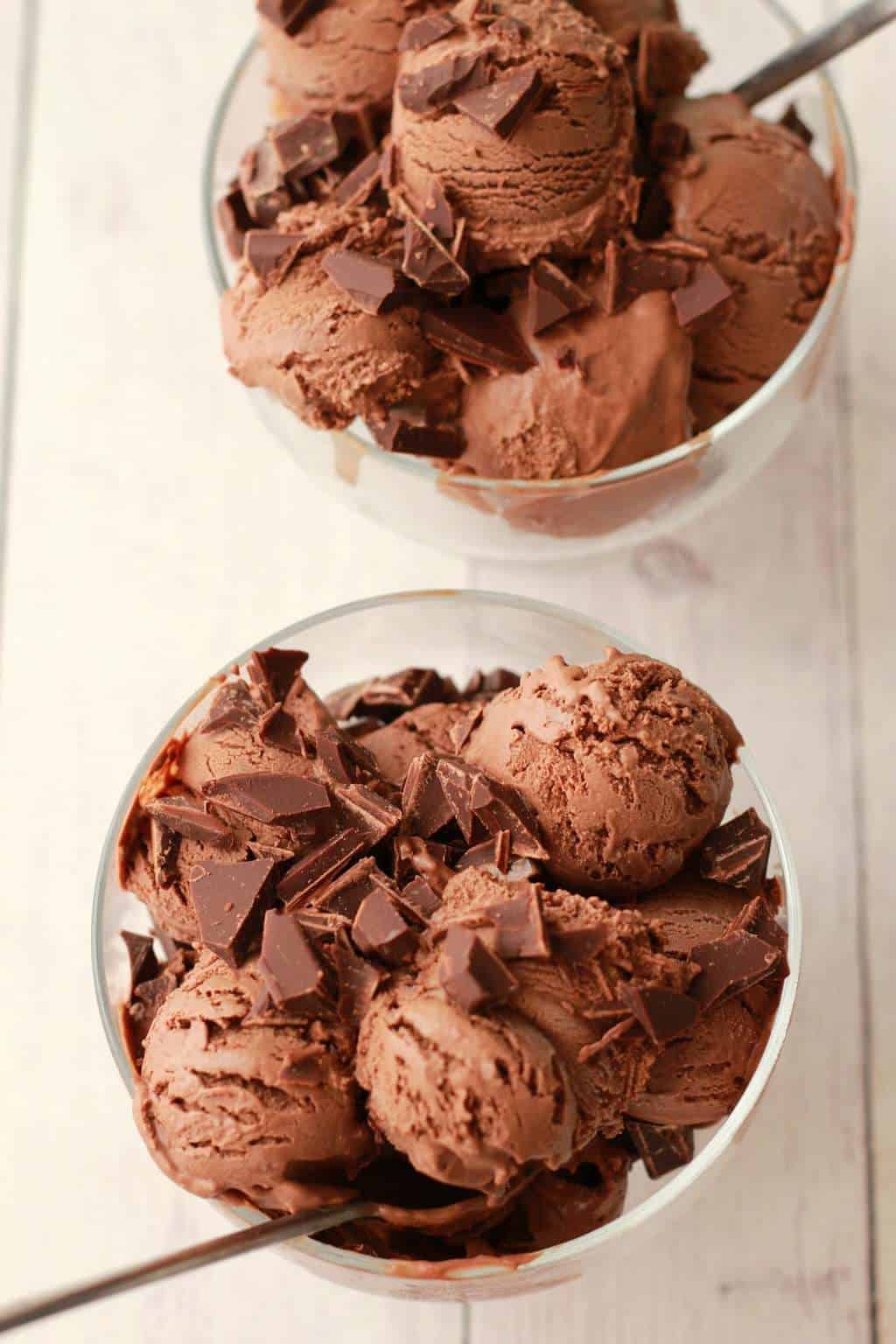 Chocolate ice cream in glass bowls with spoons. 