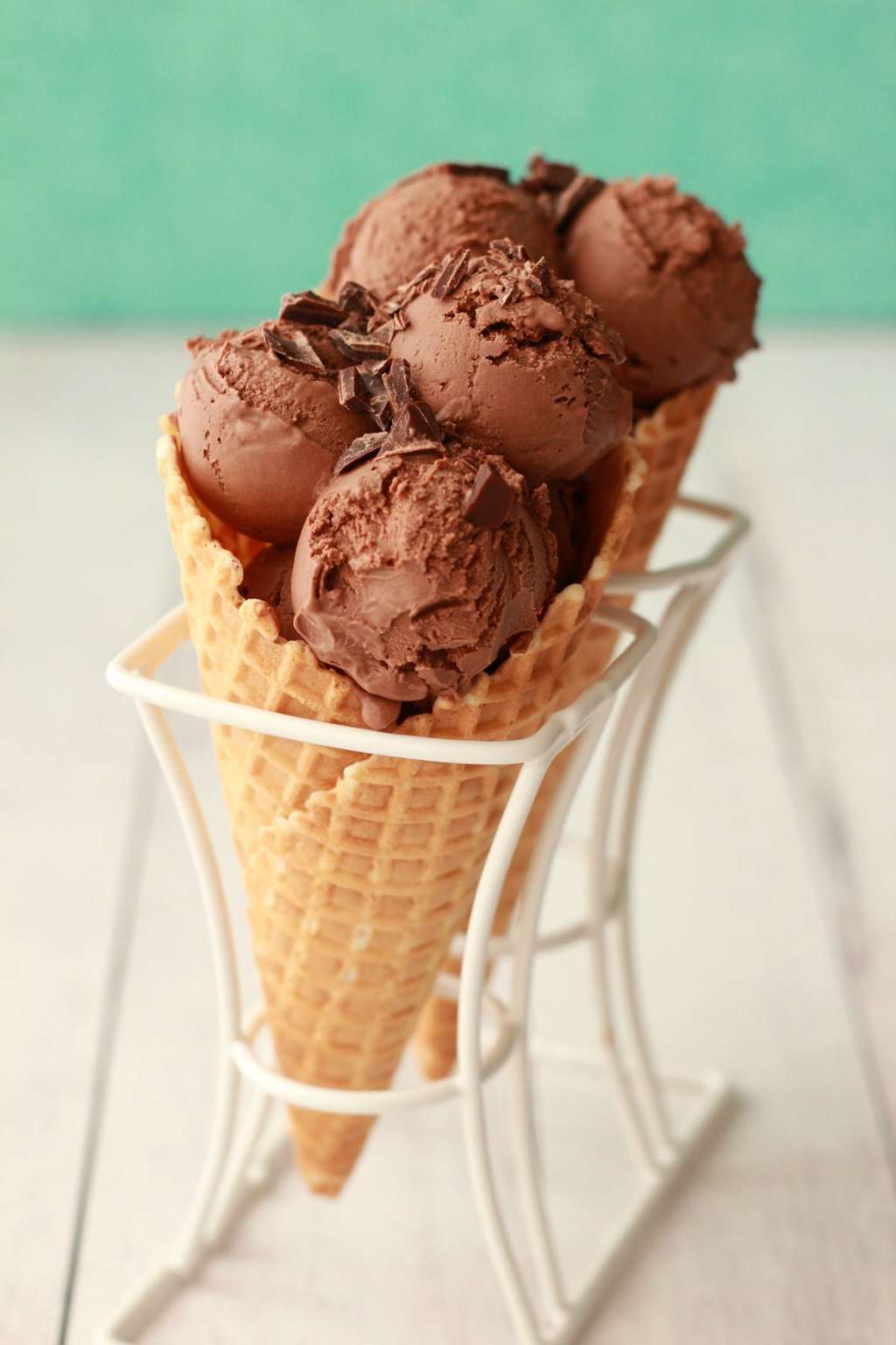 Chocolate ice cream in sugar cones. 