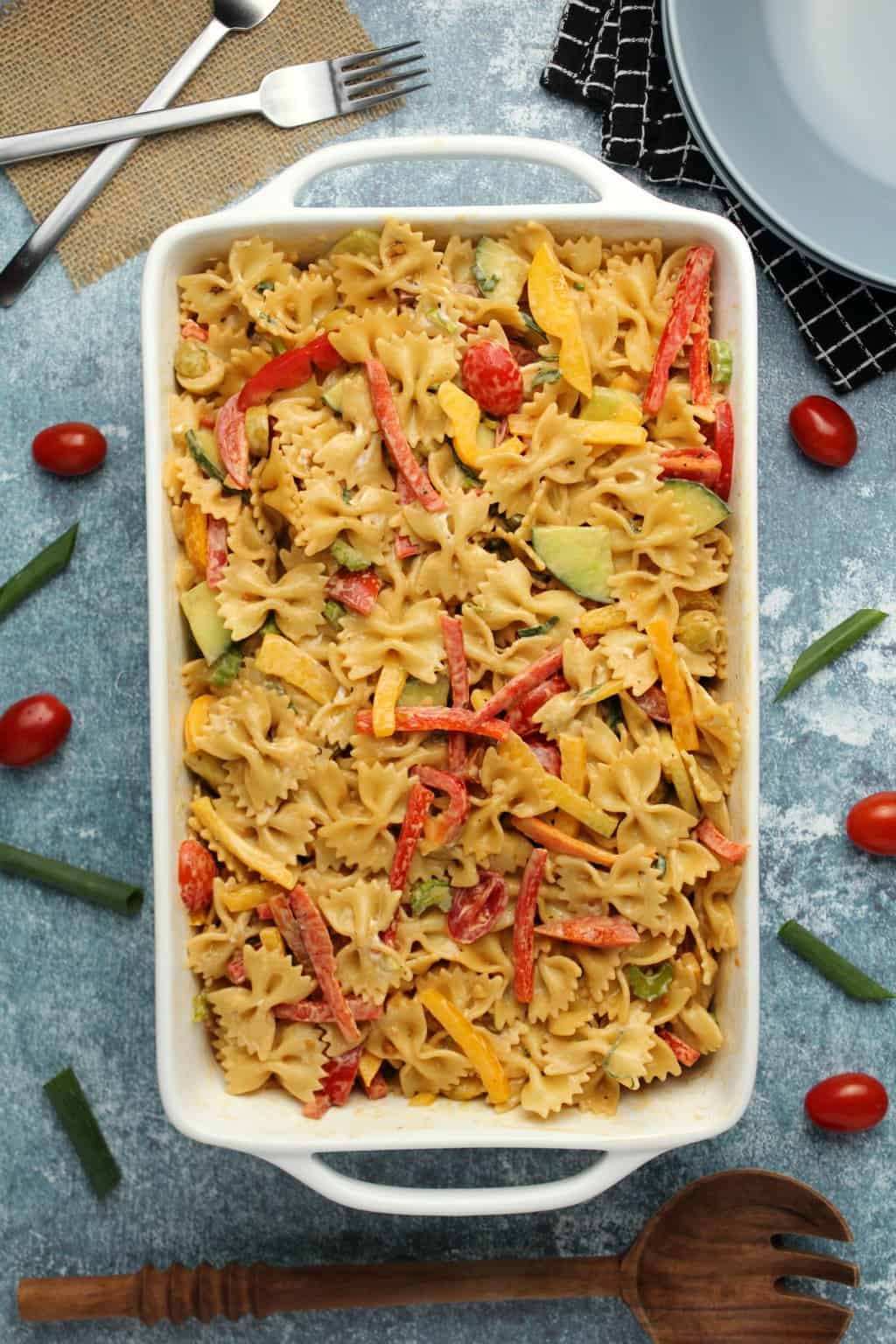 Vegan pasta salad in a rectangular white dish. 