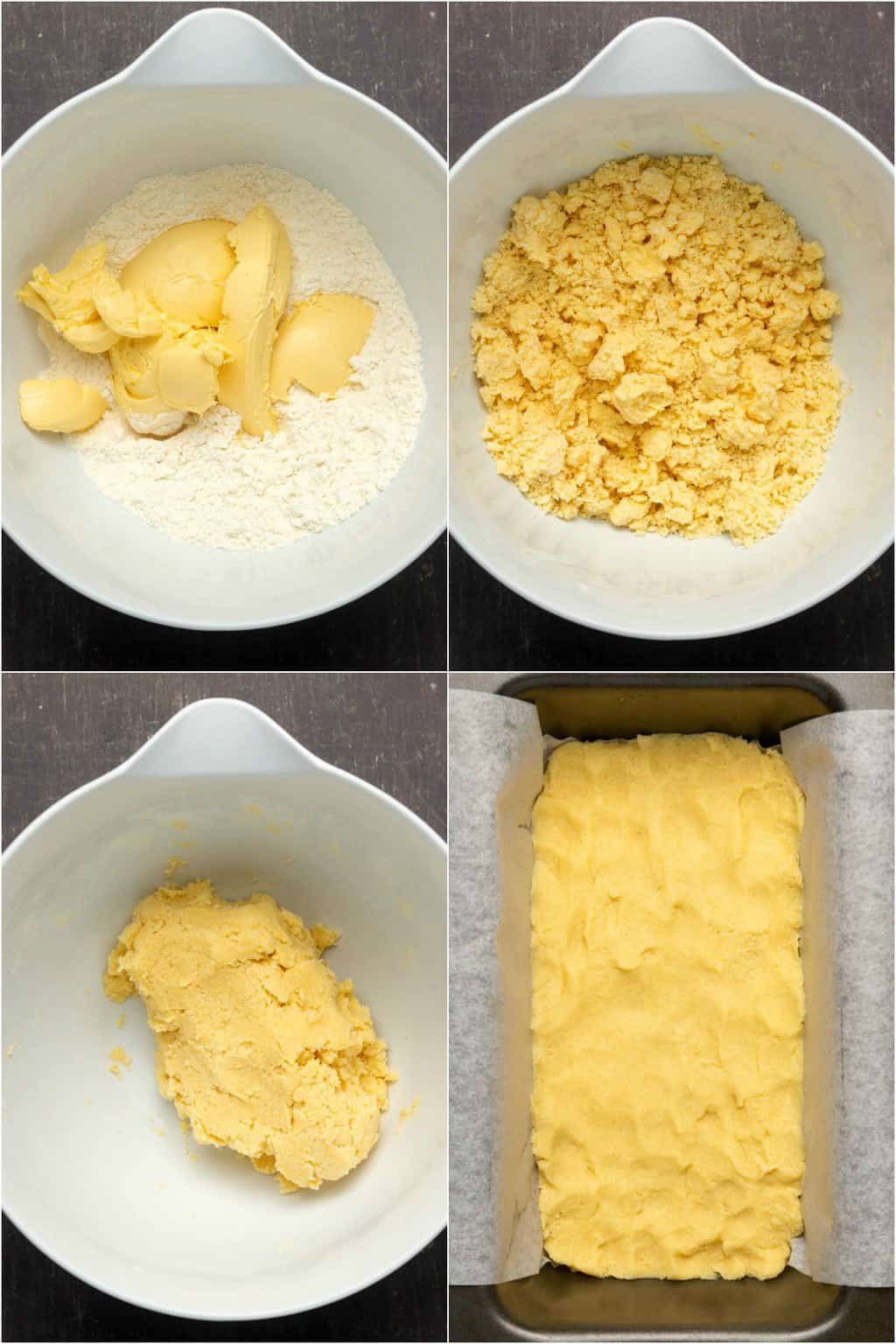 Step by step process photo collage of making shortbread for vegan twix bars. 