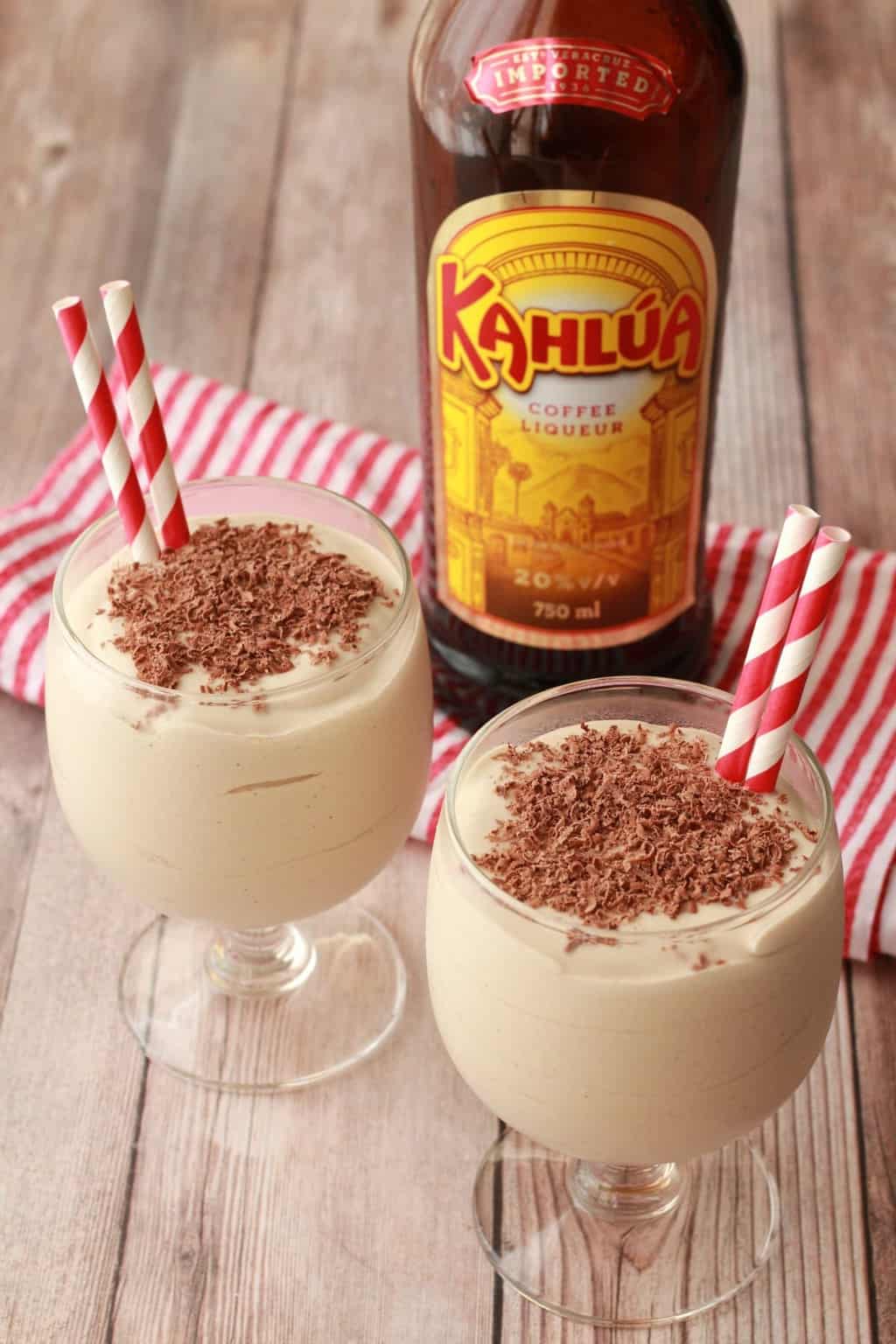 Kahlua Dom Pedro in glasses topped with chocolate shavings. 