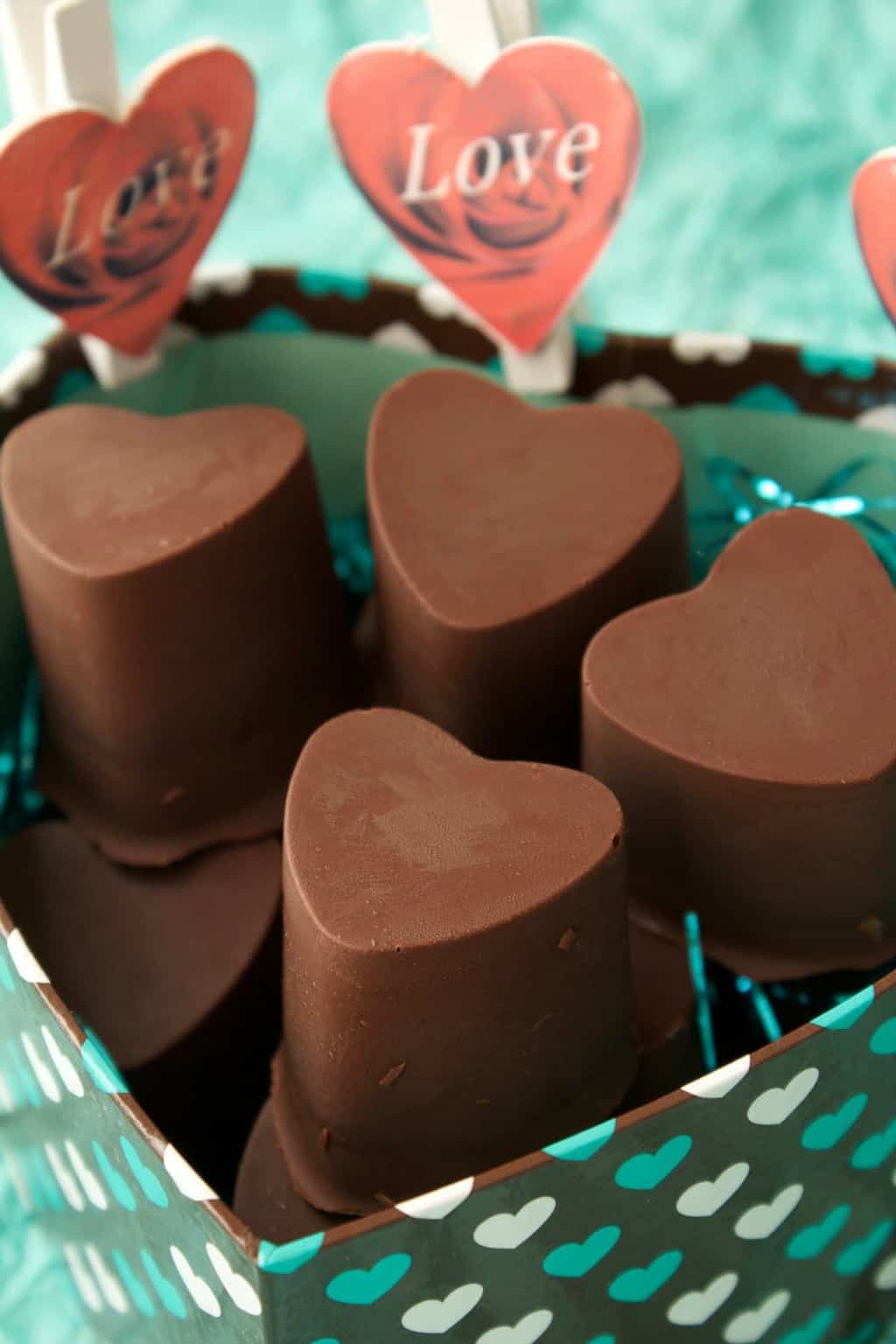 Heart-shaped vegan chocolate caramels. 