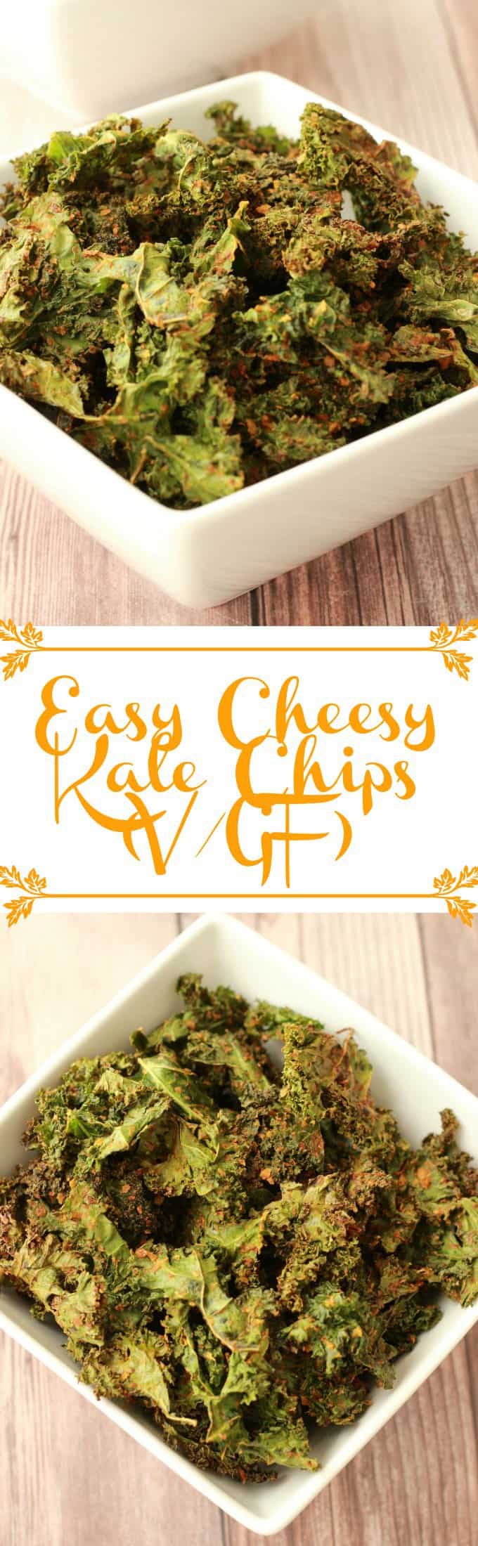 Easy Cheesy Kale Chips. Crispy, savory, cheesy and super healthy! #vegan #lovingitvegan #glutenfree #kalechips #snacks