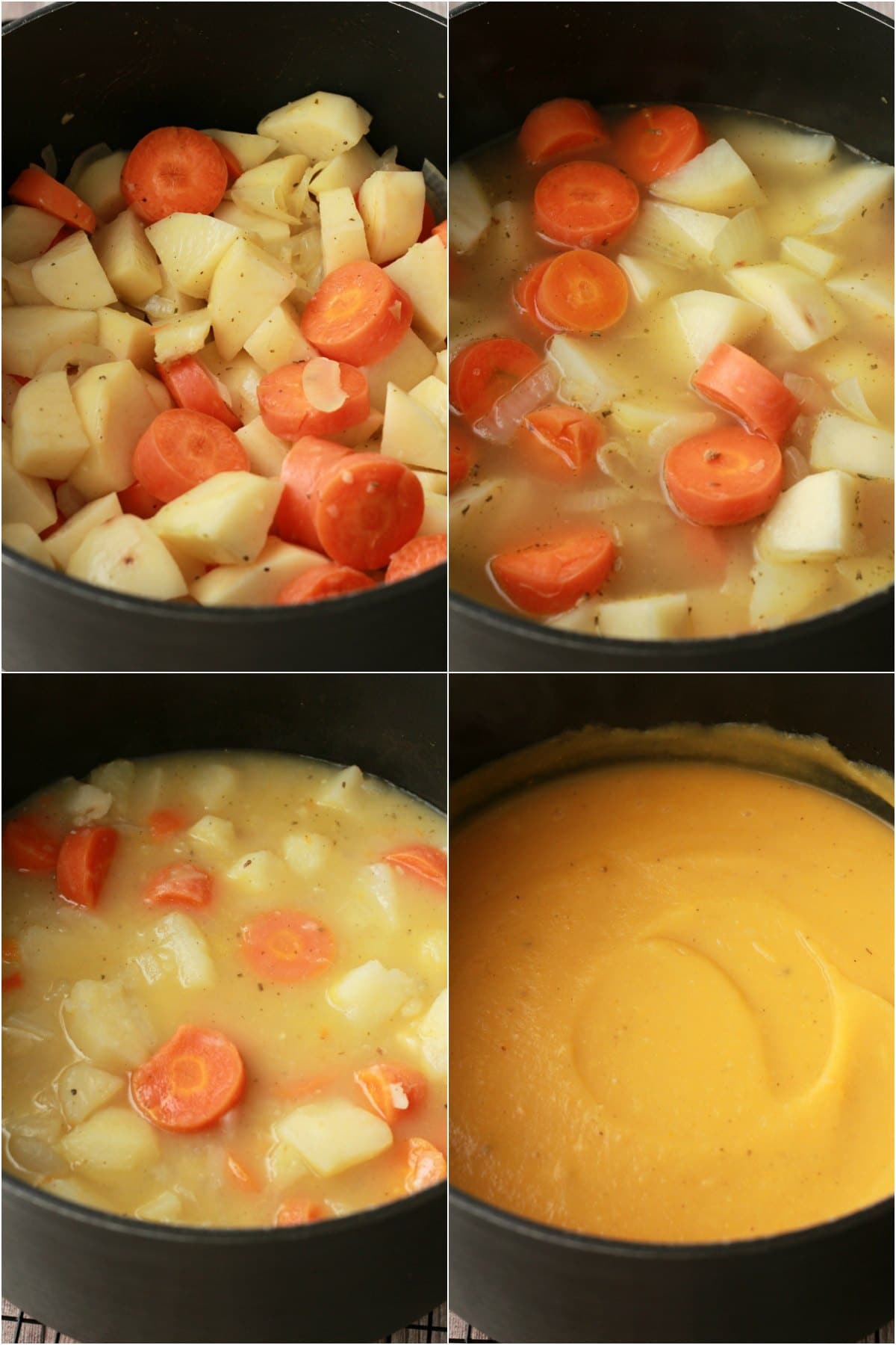 Step by step process photo collage of making vegan potato soup. 