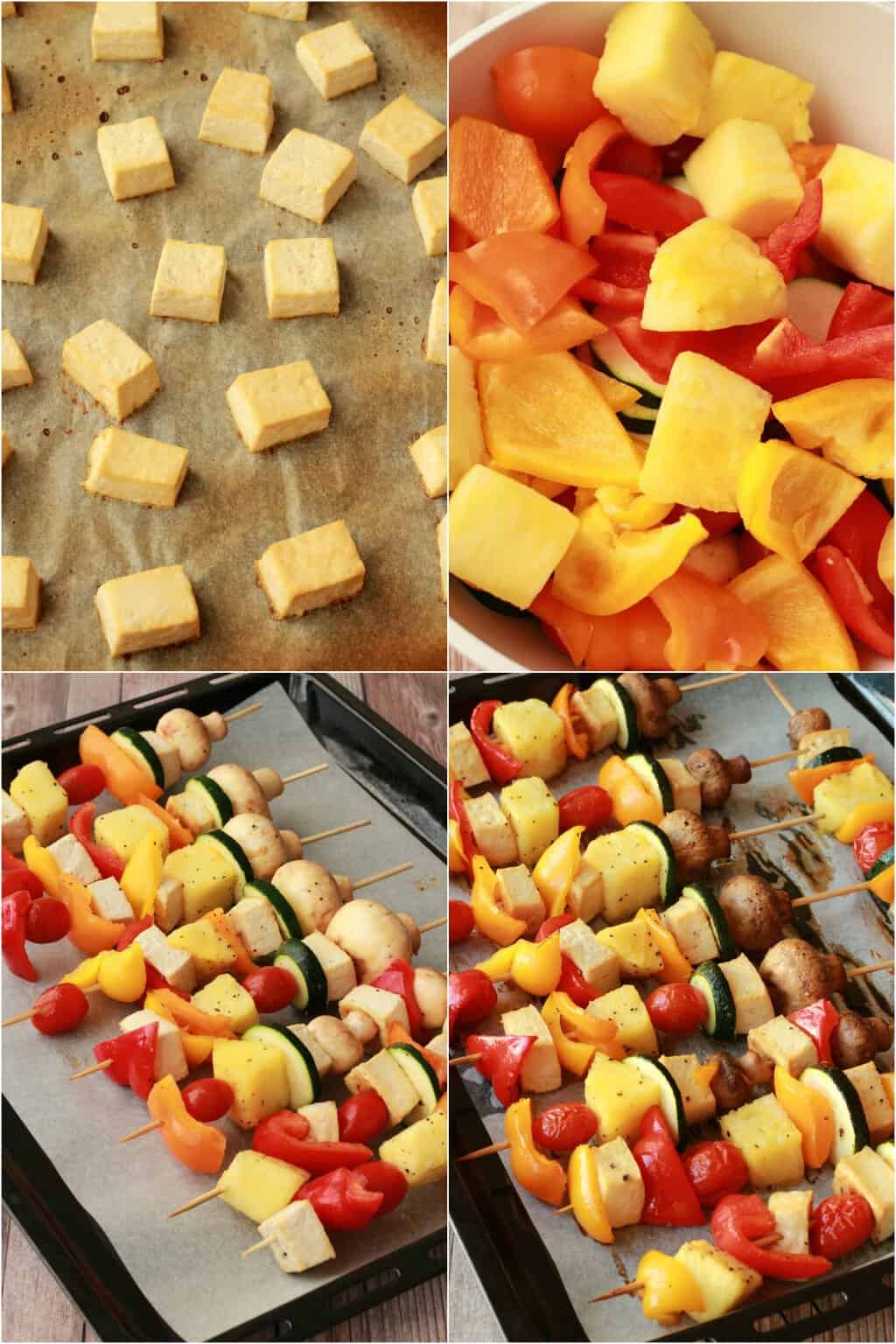 Process photo collage of making vegetable skewers