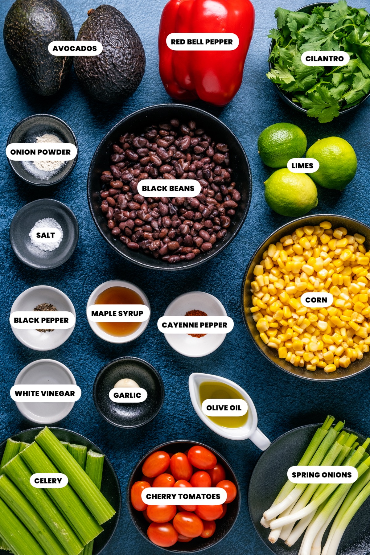 Photo of the ingredients needed to make avocado corn black bean salad.