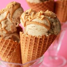 Vegan peanut butter ice cream cones in a glass.