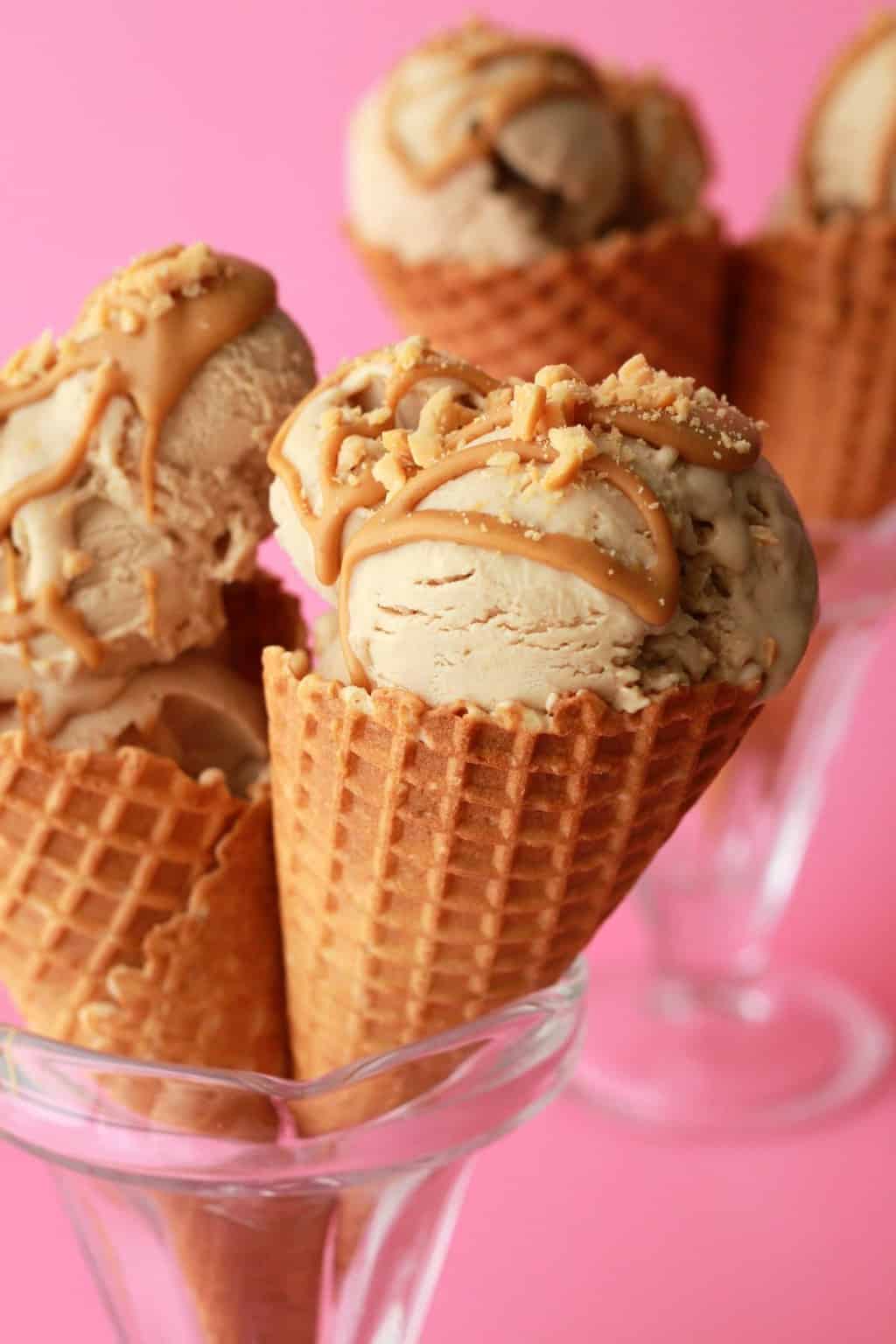 Peanut butter ice cream in ice cream cones. 