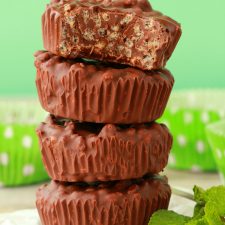 Vegan chocolate mint crunch cups in a stack.