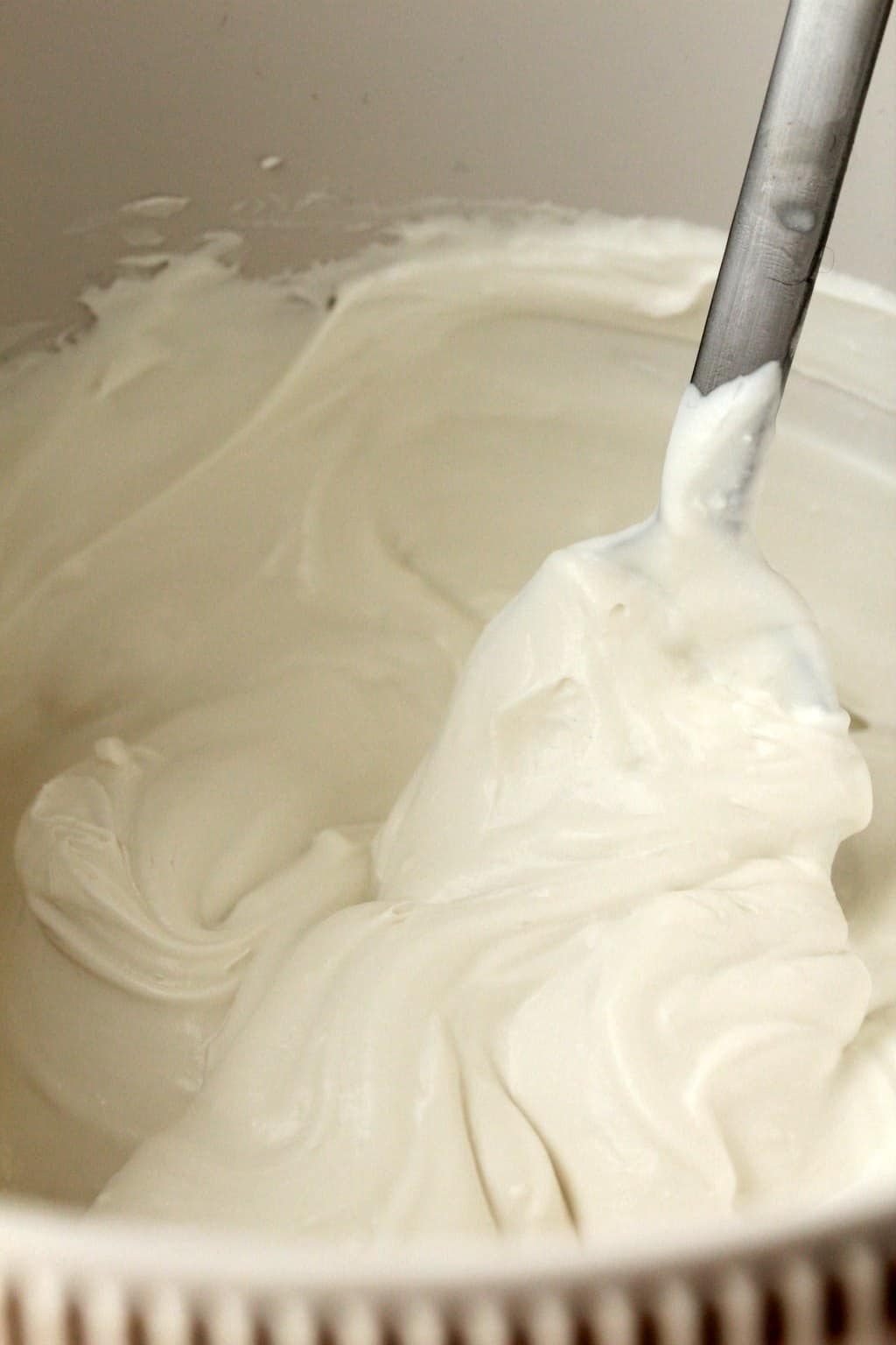 Vegan whipped cream in a stand mixer.