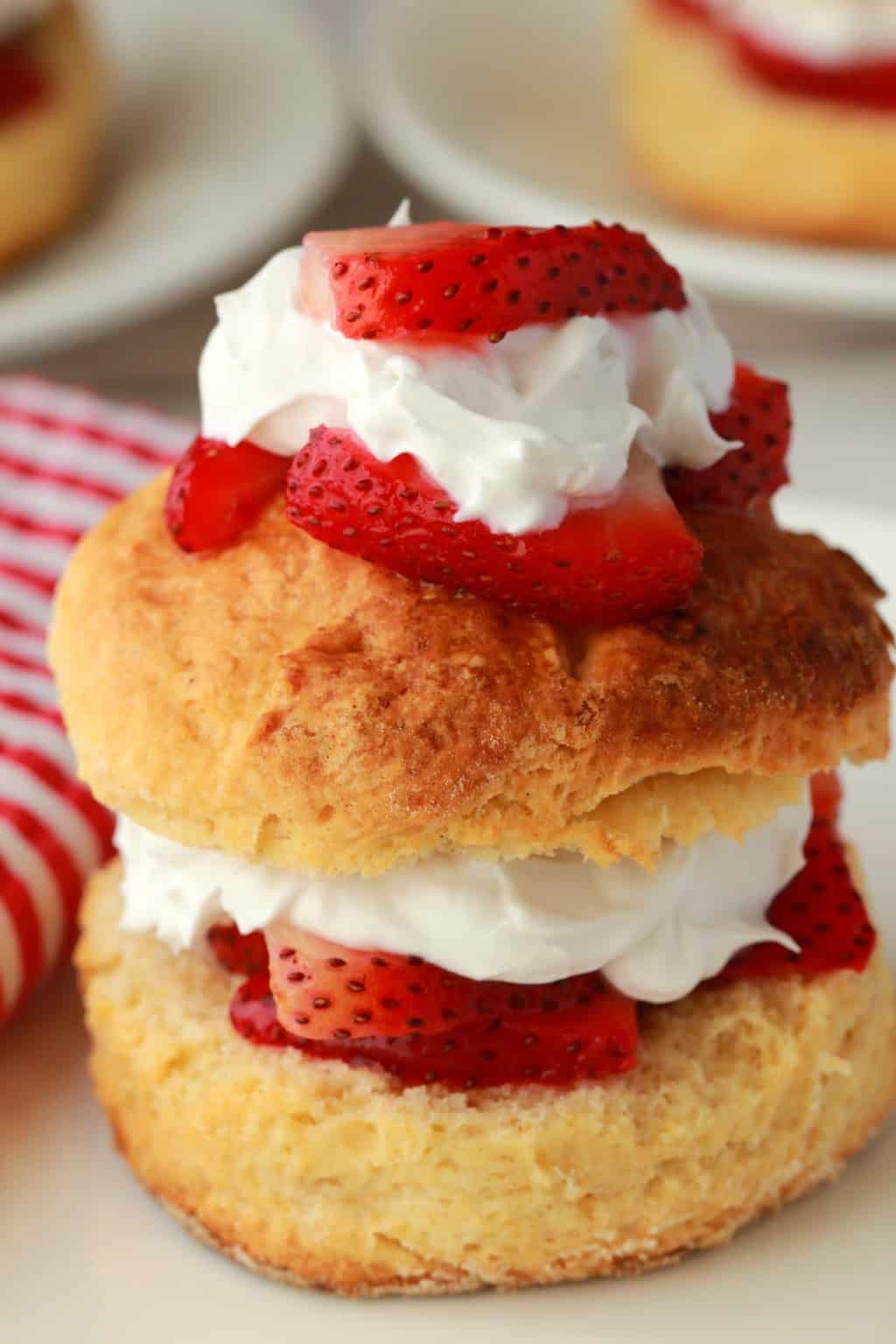 Vegan strawberry shortcake topped with whipped cream and strawberries. 