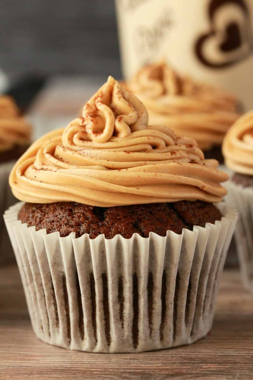 Vegan coffee cupcakes topped with coffee buttercream frosting. 