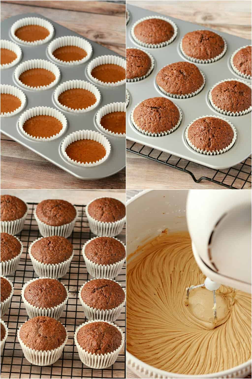 Step by step process photo collage of making vegan coffee cupcakes. 