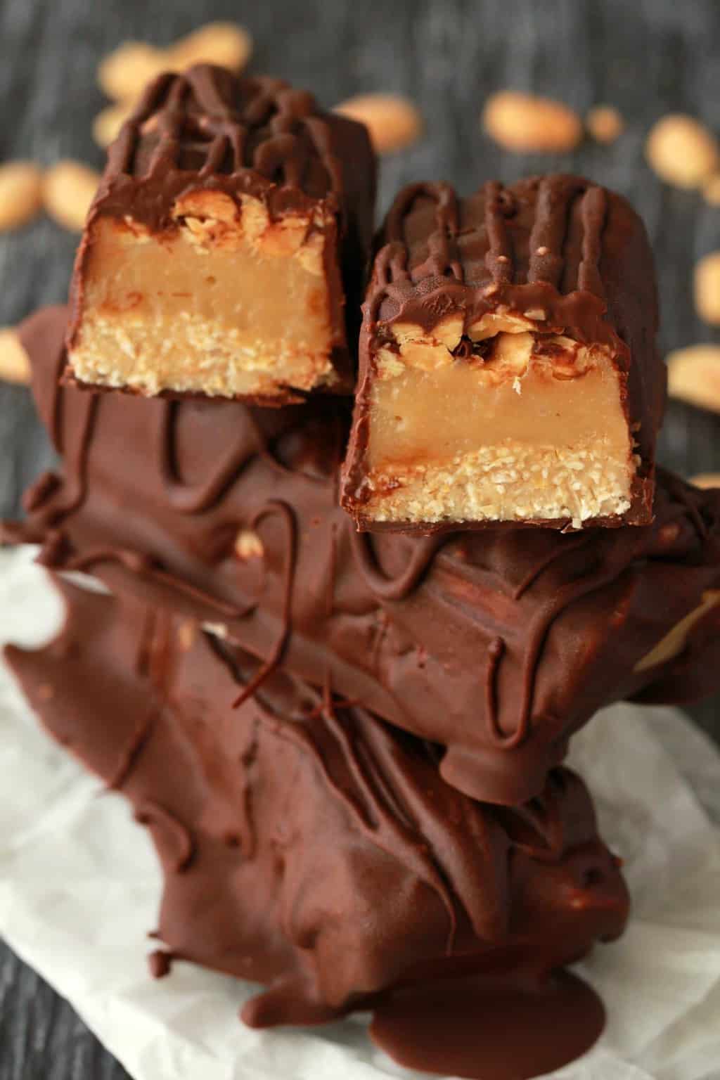 Vegan snickers bars in a stack. 
