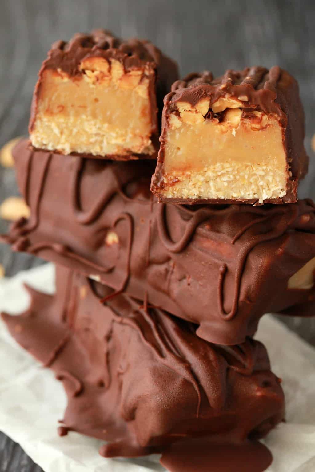 Vegan snickers stacked up. 