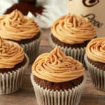 Vegan coffee cupcakes topped with coffee buttercream frosting.