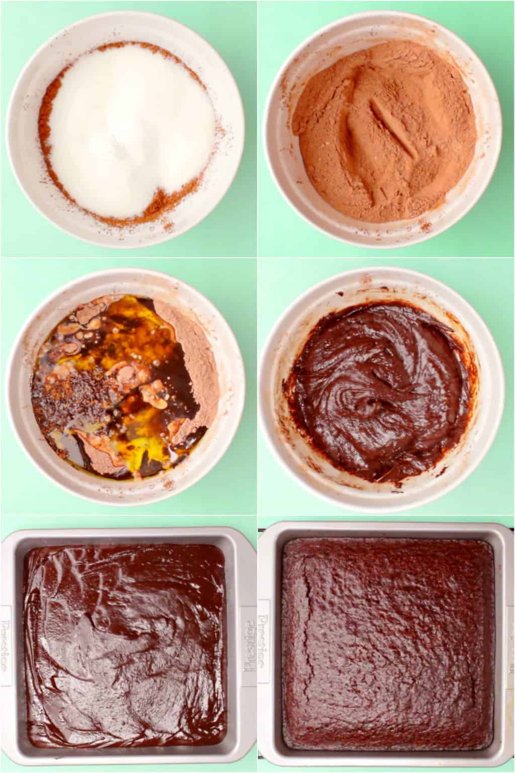 Step by step process photo collage of making vegan brownies. 