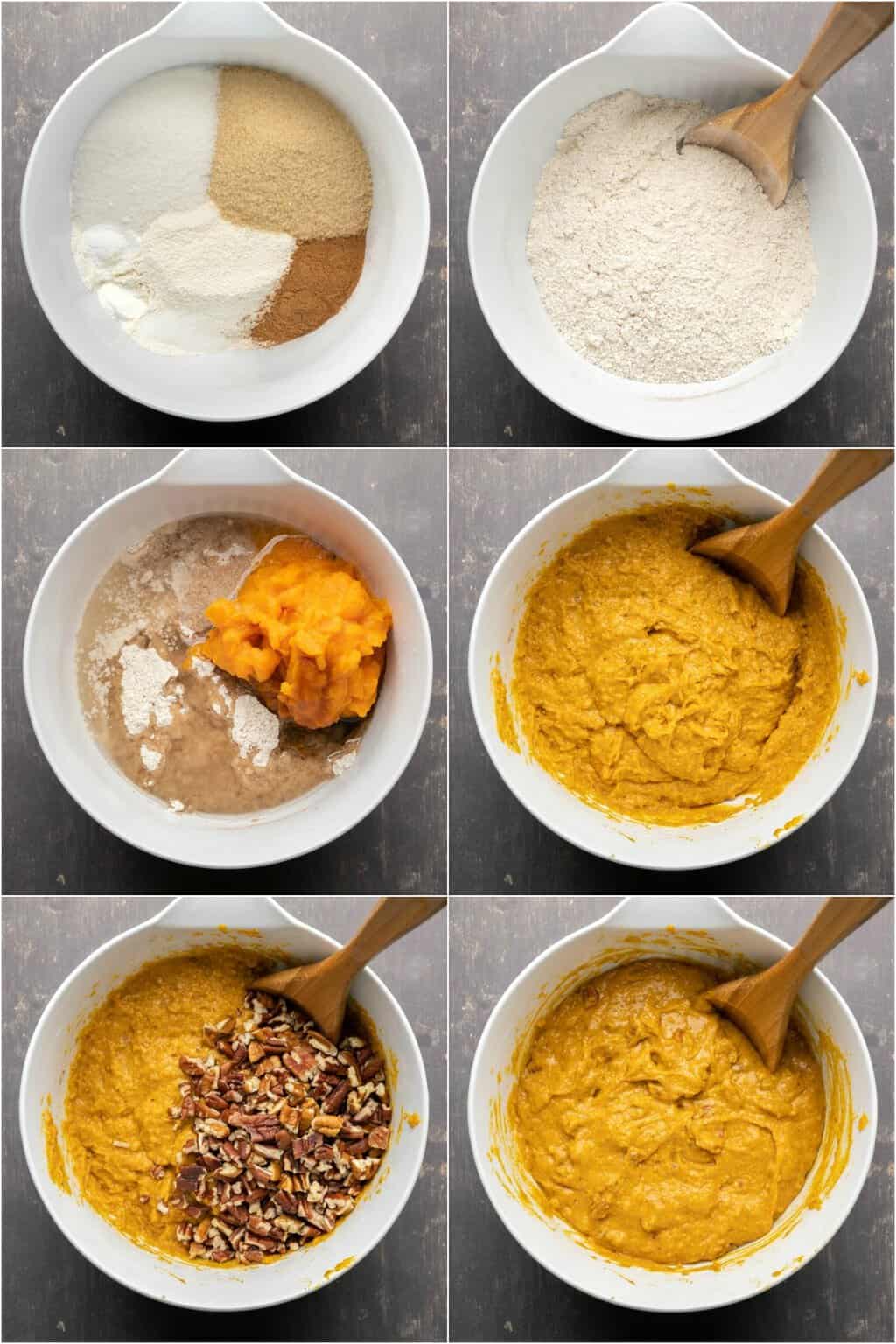 Step by step process photo collage of making the batter for pumpkin muffins. 