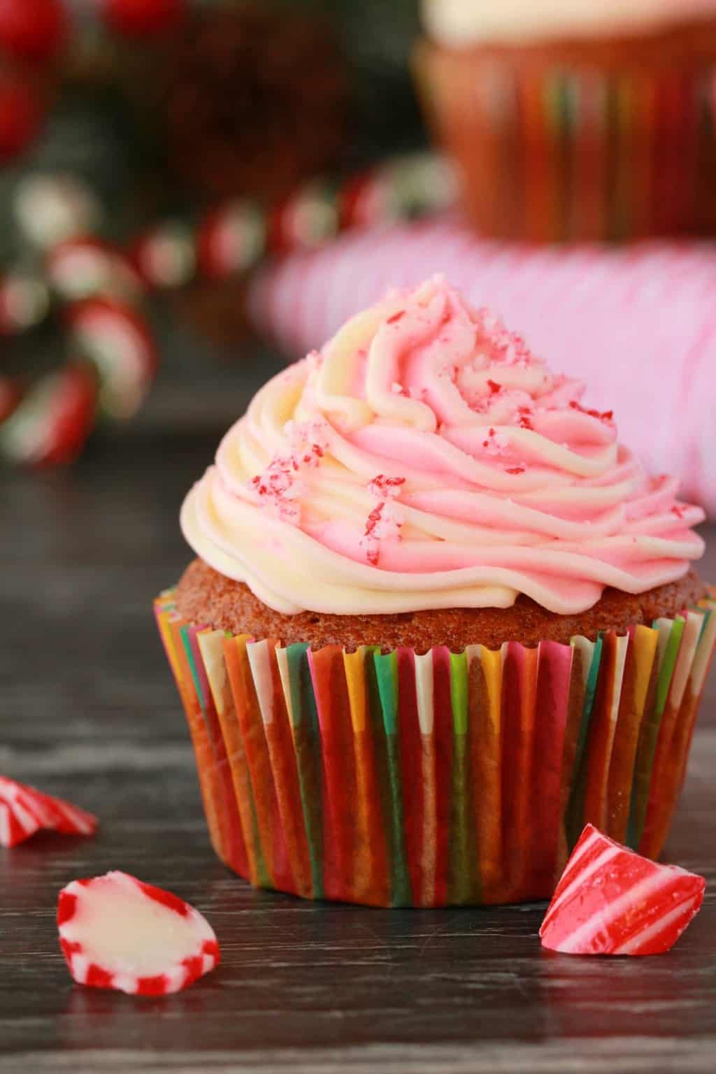 Peppermint cupcakes topped with peppermint swirl frosting. 