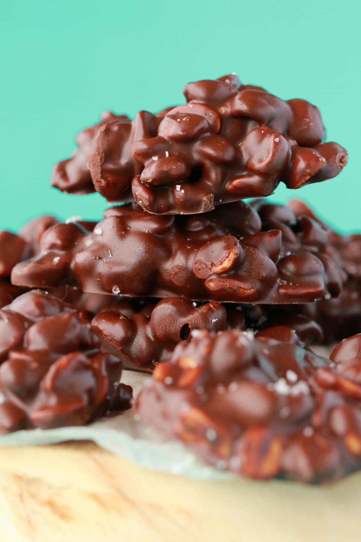Vegan peanut clusters in a stack. 