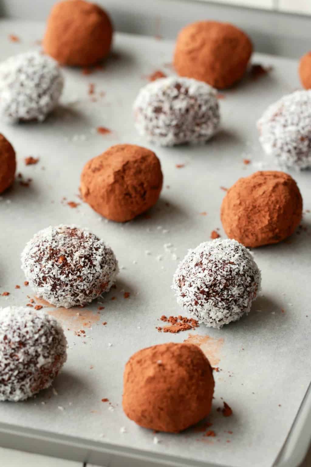 Vegan Truffles on a parchment lined baking tray