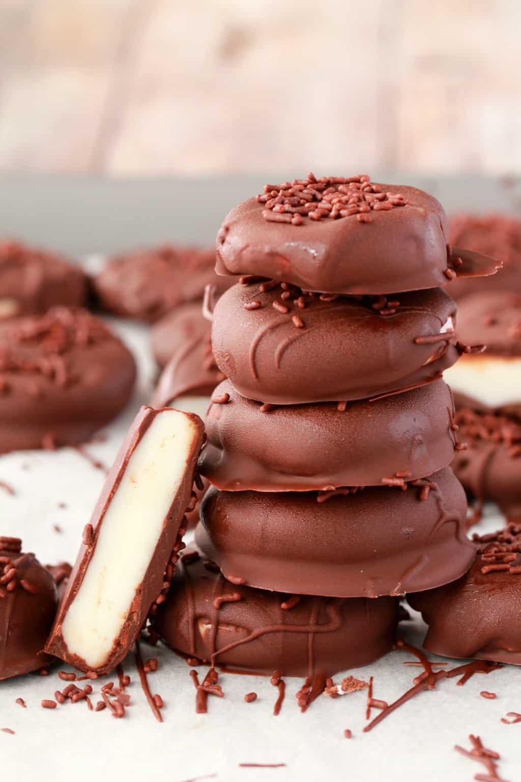A stack of vegan peppermint patties. 