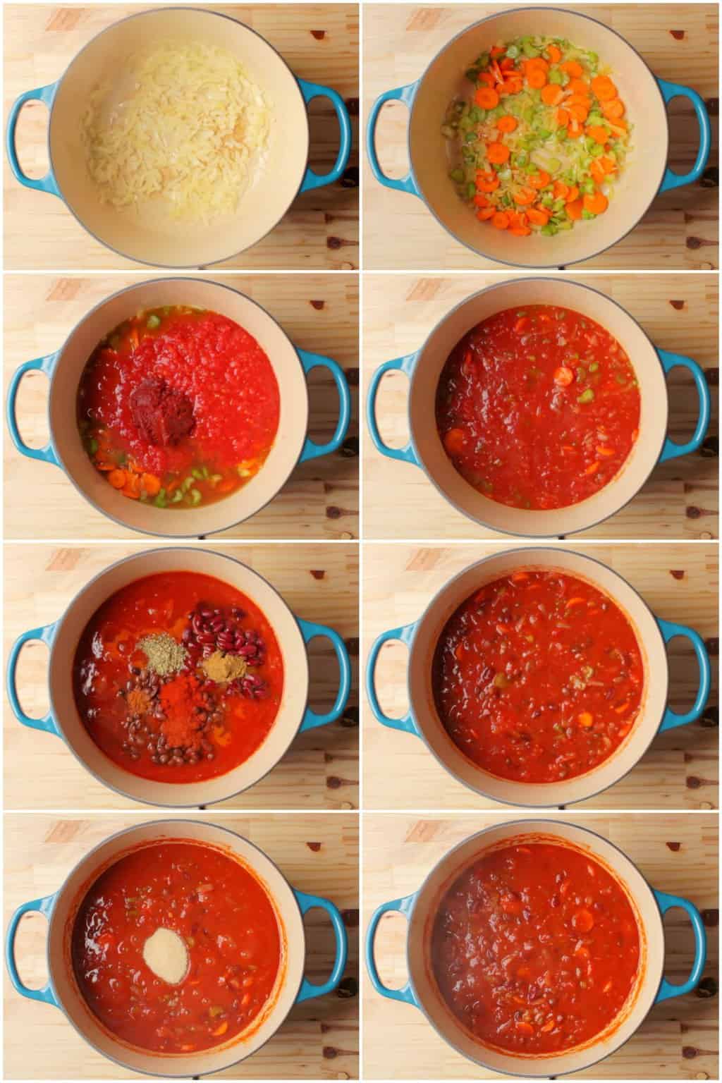 Step by step process photo collage of making vegan chili.