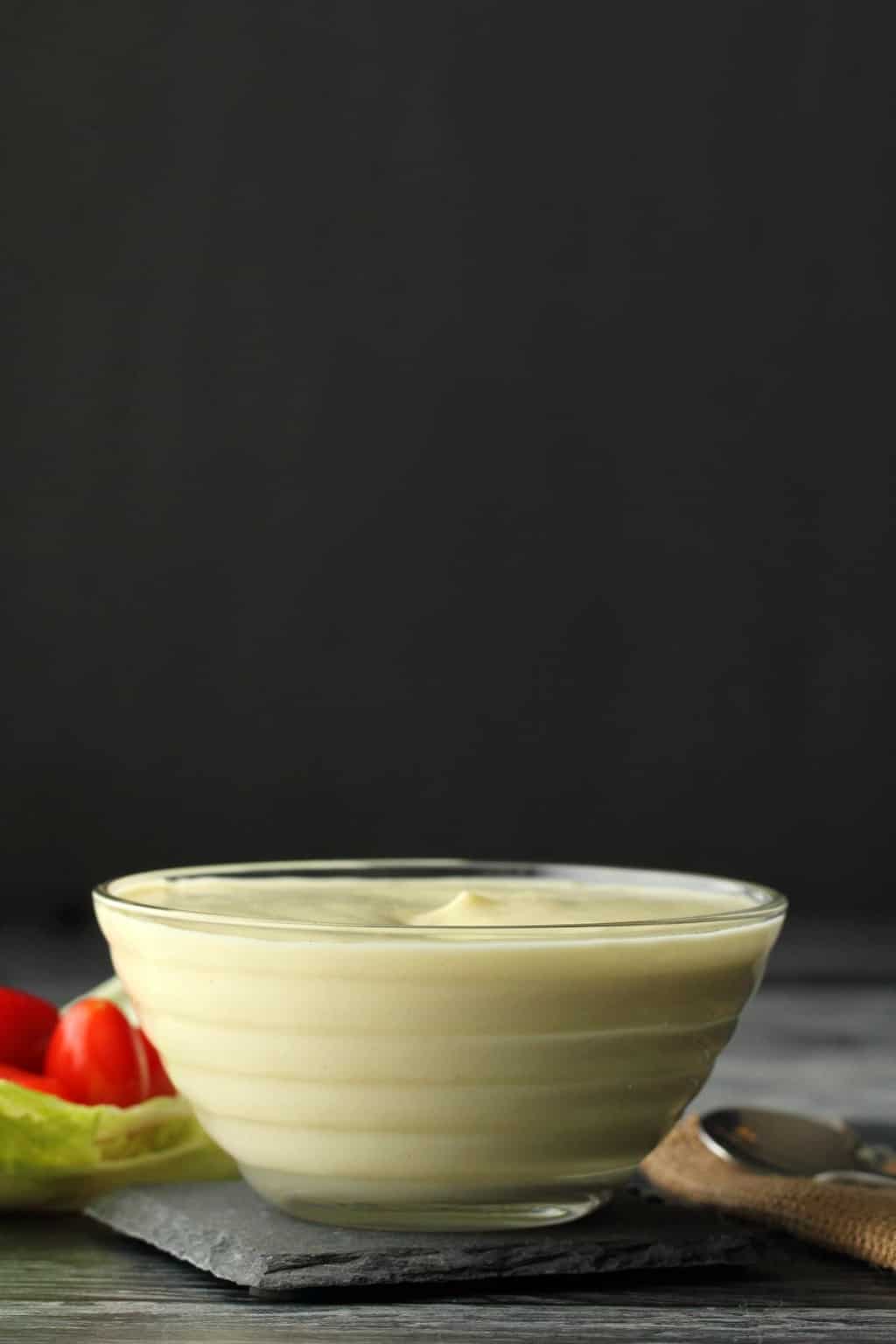 Vegan Mayonnaise in a glass bowl. 