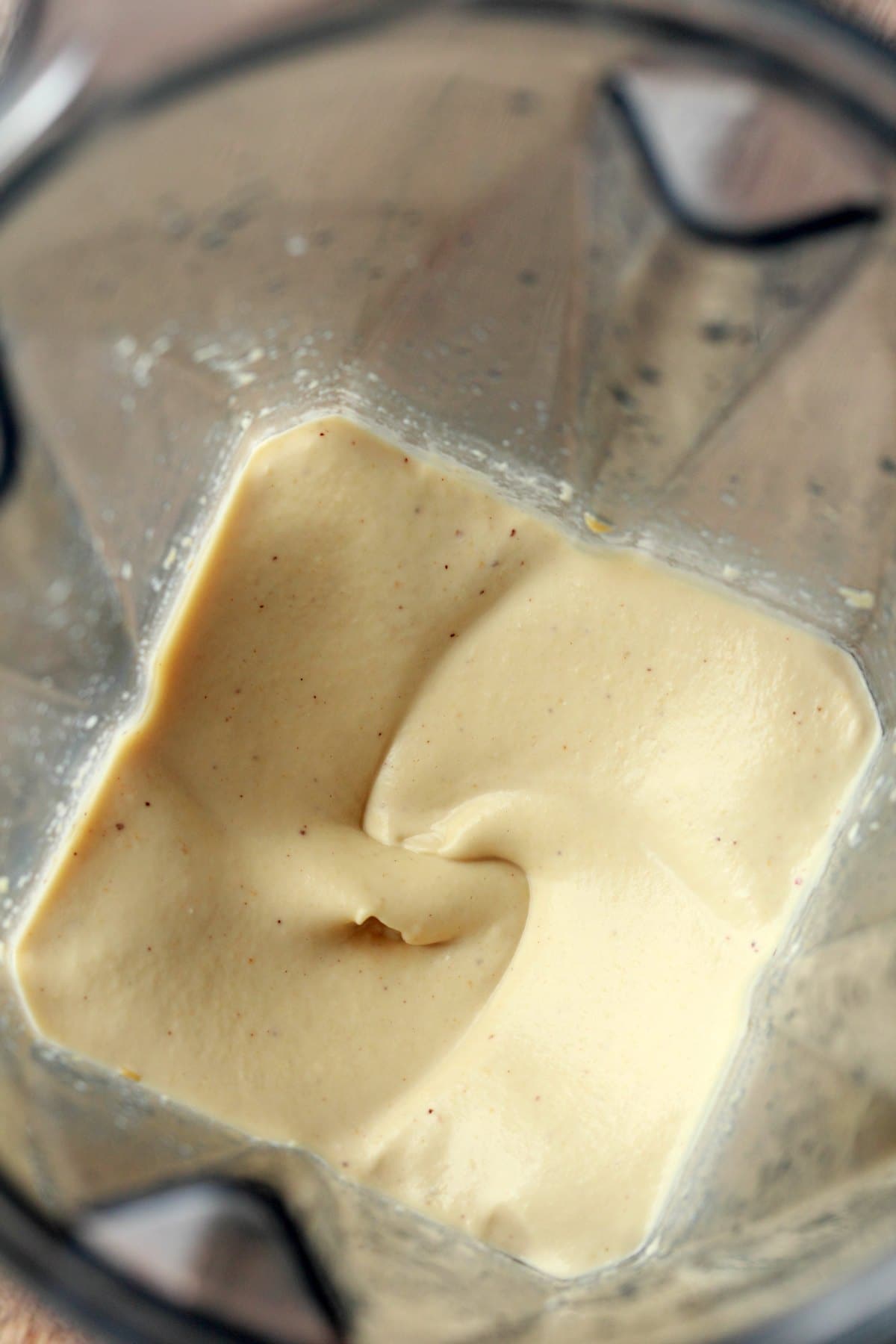 Vegan sour cream freshly blended in the blender jug. 