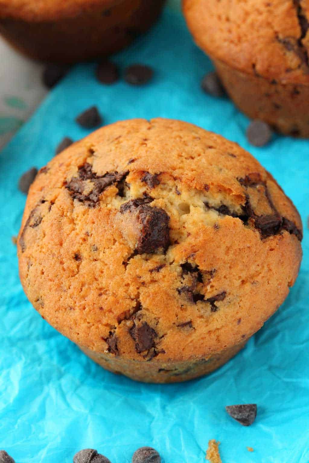 veganské čokoládové muffiny na modrém papíře. 