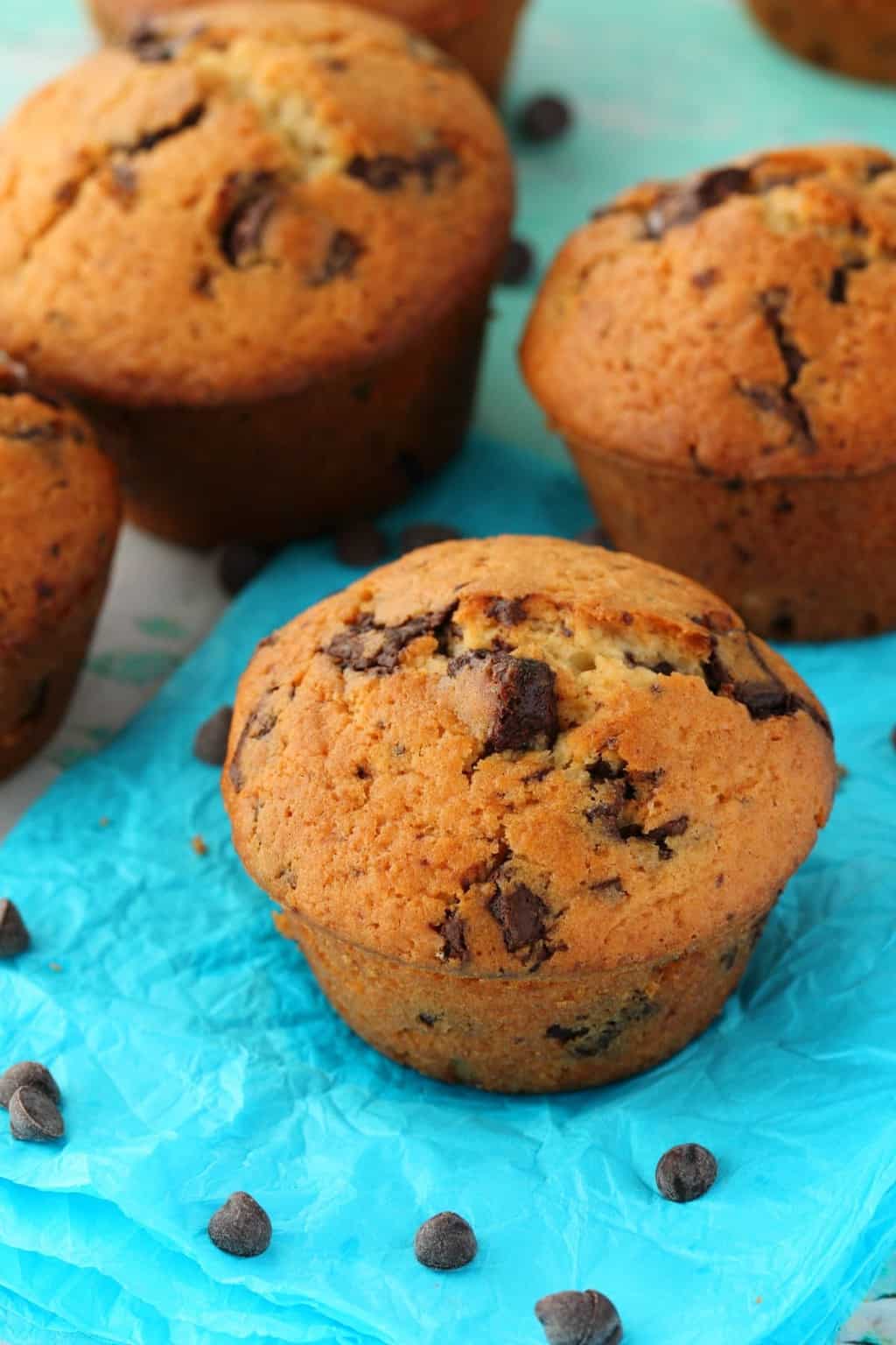 Vegane Schokoladenstückchen-Muffins auf blauem Papier, umgeben von Schokoladenstückchen. 