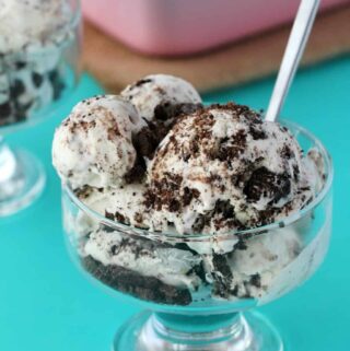 Vegan cookies and cream ice cream in a glass bowl with a spoon.